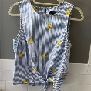 J. Crew Blue and White Striped Top with Yellow Embroidery